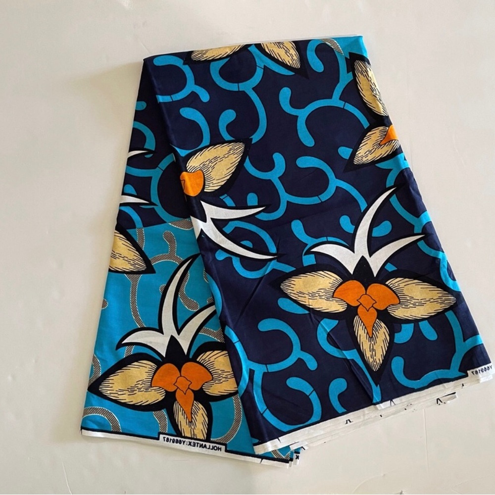 Multicolor Floral Patterned Cotton Fabric in Blue and Orange